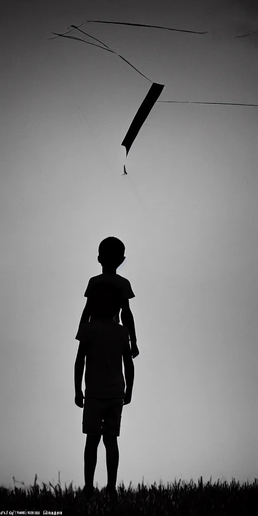 Image similar to the boy is standing in the field looking at a kite with a camera beam over his head that is pointing into the field at night, in the