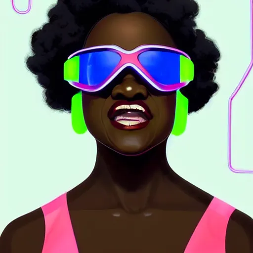 Prompt: viola davis wearing opaque reflective goggles profile picture by Greg Rutkowski, brown skin, long afro hair, asymmetrical, futuristic, neon volumetric lights, cool colors, streetwear, studio ghibli, Organic Painting , Matte Painting, geometric shapes, hard edges, street art, trending on the artstation, fantasy LUT, realistic by Sachin Teng + Martin Grip + Moebius, techwear, Industrial Scifi, detailed illustration, character portrait,