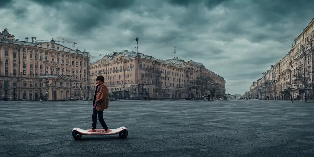 Image similar to cinematic street shot of a hoverboard flying floating city saint petersburg city, telephoto, anamorphic cinematography, beautiful composition, color theory, leading lines, photorealistic, moody volumetric lighting