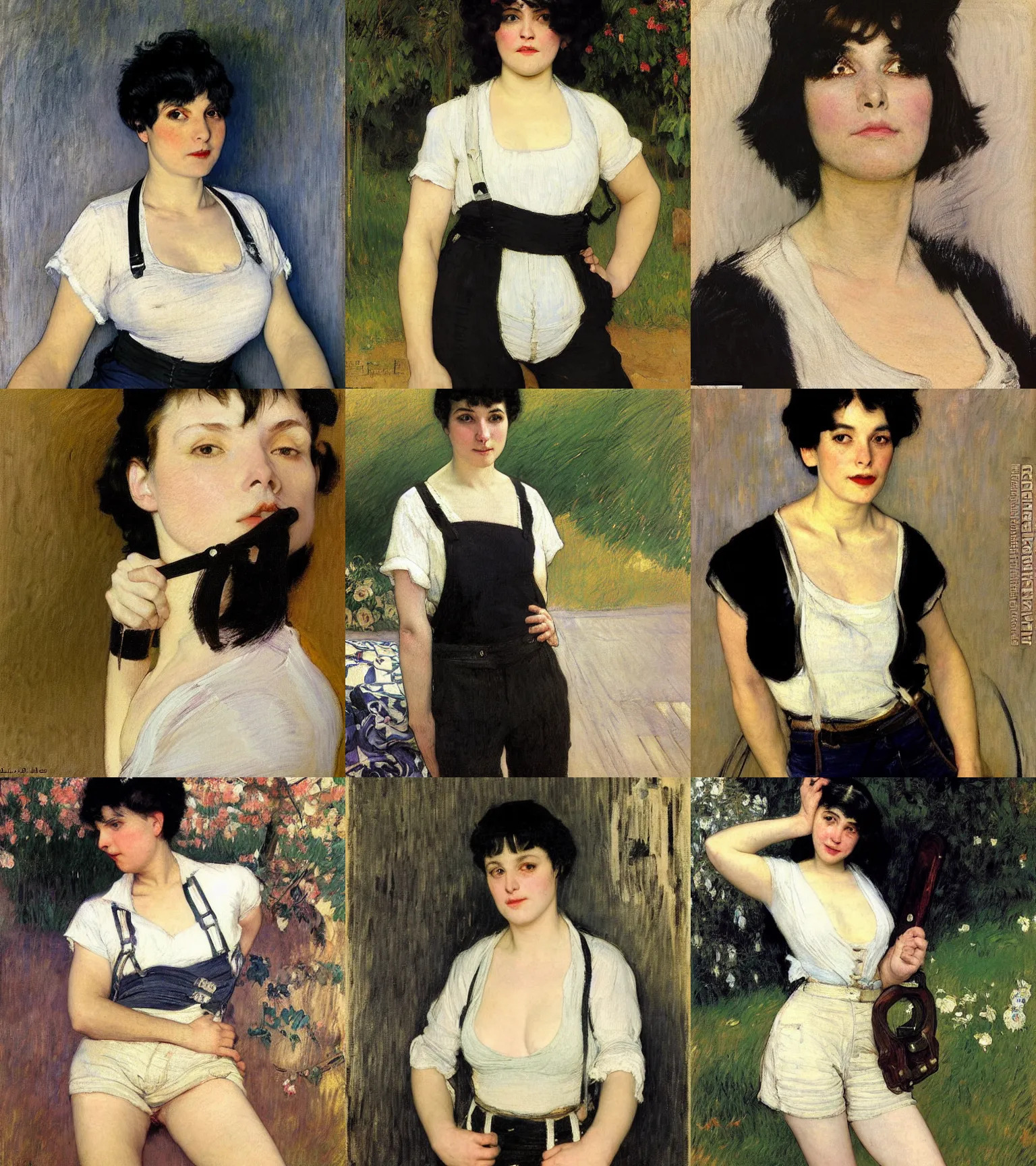 Prompt: a woman with black hair and long pixie haircut in shorts with suspenders and white t-shirt drawn by george bellows, gustave caillebotte, Alexandre Cabanel, norman rockwell, jean-leon gerome, maler collier, peter paul rubens, alphonse mucha, gustav klimt 4k, unreal 5, DAZ, french noveau, trending on artstation, octane render, hyperrealistic