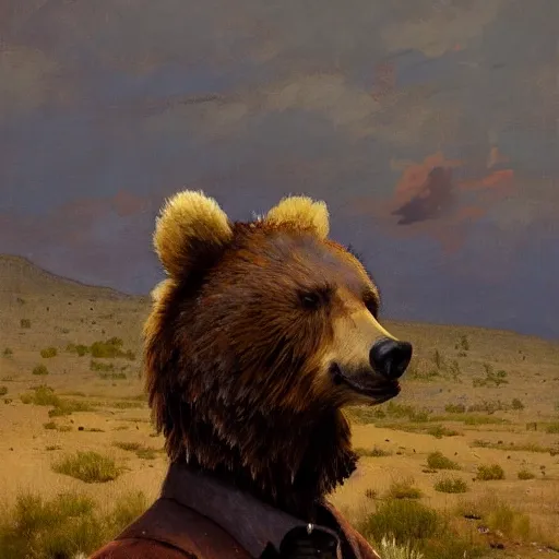 Prompt: wild west portrait of furry anthro anthropomorphic grizzly bear head animal person fursona wearing clothes in the valley, sunny day, digital art by Nerdrum John, William Waterhouse, Winslow Homer, Alex Heywood, Jordan Grimmer, Darren Quach, Greg Rutkowski, Simon Stalenhag, trending on Artstation, CGSociety