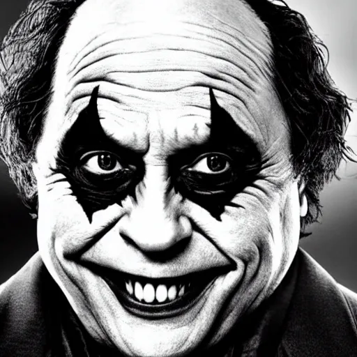 Image similar to Danny Devito as The Joker, still image from Batman movie, shot of face