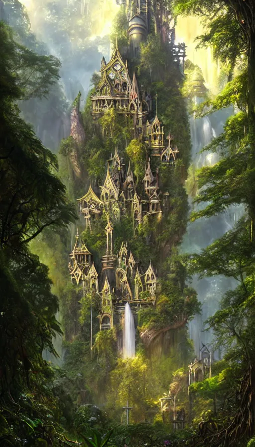 Image similar to fairy palace, castle towers, sunbeams, gothic towers, Japanese shrine waterfall, gold and gems, gnarly details, lush vegetation, forest landscape, painted by tom bagshaw, raphael lacoste, eddie mendoza, alex ross concept art matte painting