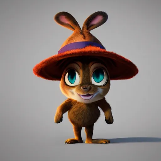 Prompt: very cute kid\'s film character rabbit, disney pixar Zootopia character concept artwork, 3d concept, detailed fur, animal wearing a hat, high detail iconic character for upcoming film, trending on artstation, beautiful texture and rendering