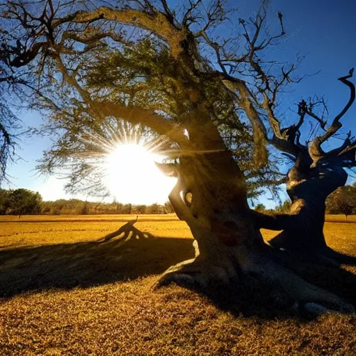 Prompt: a big old tree in front of the sun with a clear detailed shadow on the ground that has looks like an octopus
