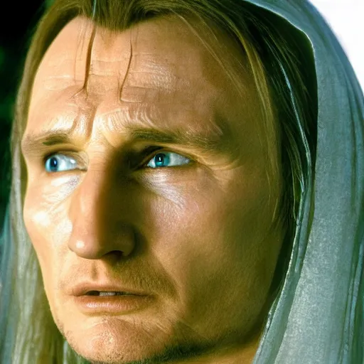 Prompt: Liam Neeson as Galadriel, Lord of the Rings, film still, high detail