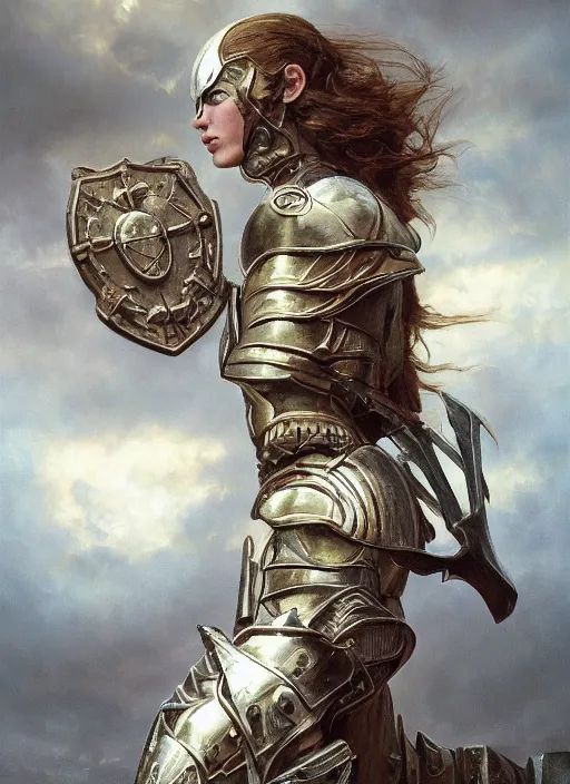 Image similar to symmetry!! portrait of a beautiful biblical diabolical agile girl with a shield, in reflective porcelain cyborg armor, in clouds, cinematic studio light, windy, sunrise, by gerald brom, by mikhail vrubel, by peter elson, muted colors, extreme detail! trending on artstation, 8 k