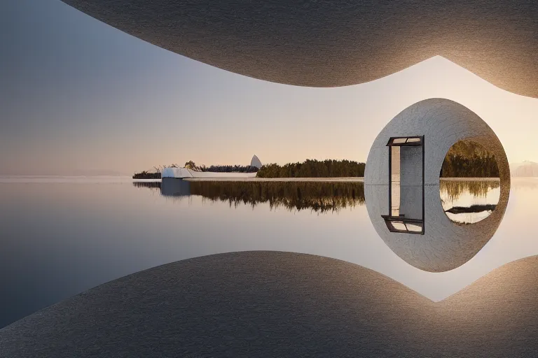 Image similar to an egg shaped building space of different sizes intersects and combines together. on the calm lake surface, people's perspective, future, interior wood, marble, award winning, highly detailed 4 k art, dusk, unreal engine highly rendered, global illumination, radial light, internal environment by kazuyo sejima