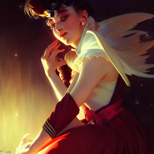 Image similar to of Sailor Moon, dark fantasy, medium shot, intricate, elegant, highly detailed, digital painting, volumetric light, artstation, concept art, smooth, sharp focus, illustration, art by Gil Elvgren and Greg Rutkowski and Alphonse Mucha