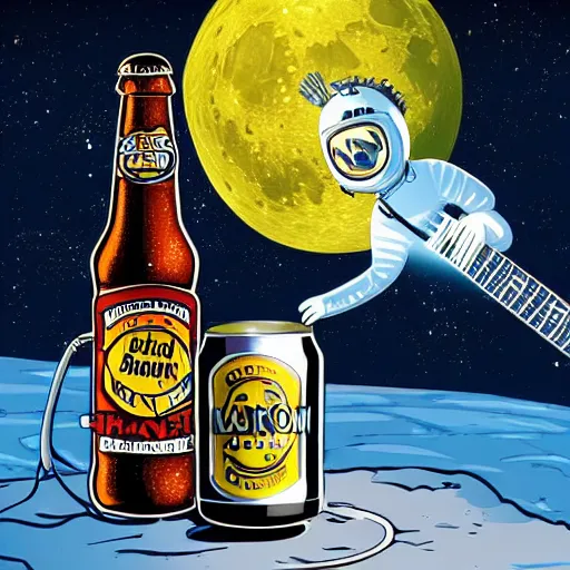 Image similar to an electric guitar headstock and a beer can on the moon. very detailed. cartoon. realistic