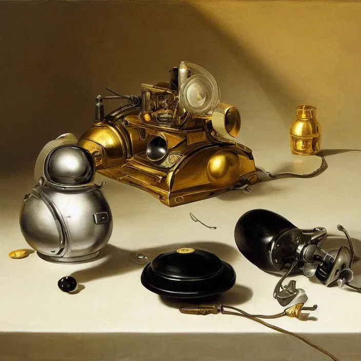 Prompt: still life painting of alien technology by pieter claesz, oil on canvas, strong lighting, highly detailed, hyper realism, golden hour, god rays, hd, 4 k