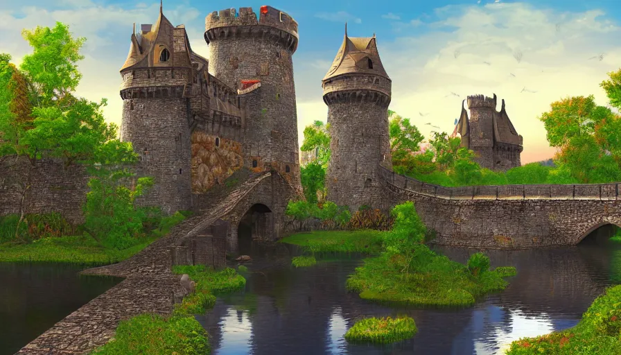 Prompt: a castle with a moat and drawbridge, digital art, highly detailed, realistic, bright colors, 8 k