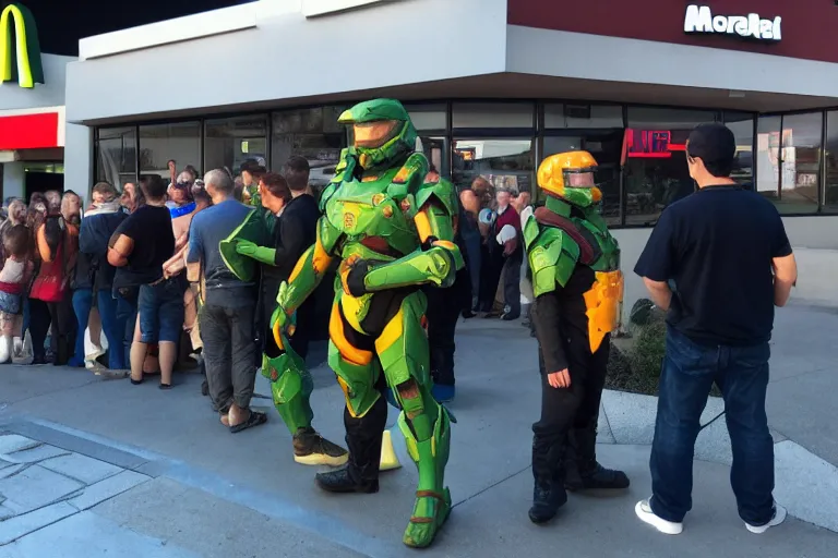 Image similar to master chief waiting in line at mcdonalds