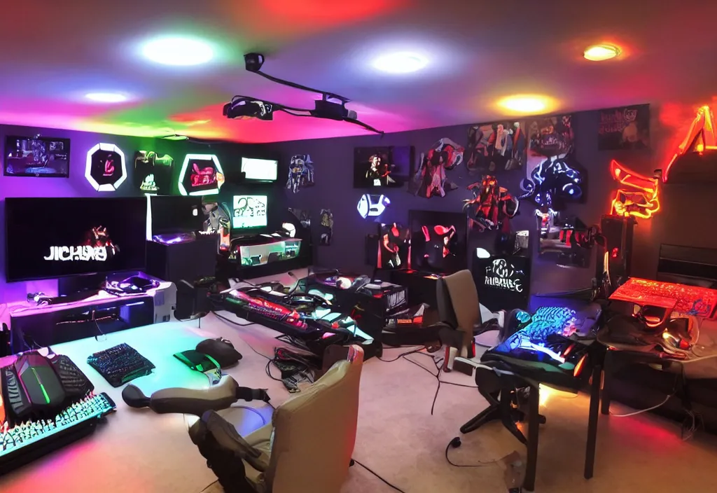 Image similar to michael jackson hardcord gaming, gamer room, gamer lights