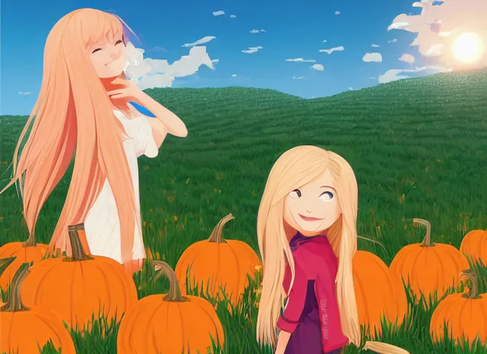 Image similar to little girl with long blonde hair visiting a pumpkin patch. she is facing away from the viewer. clean cel shaded vector art. shutterstock. behance hd by lois van baarle, artgerm, helen huang, by makoto shinkai and ilya kuvshinov, rossdraws, illustration, art by ilya kuvshinov