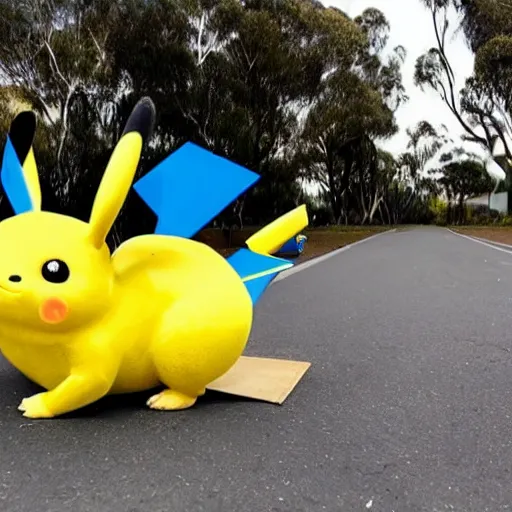 Image similar to a blue pikachu riding a skateboard in australia in daylight and there's a flying whale above