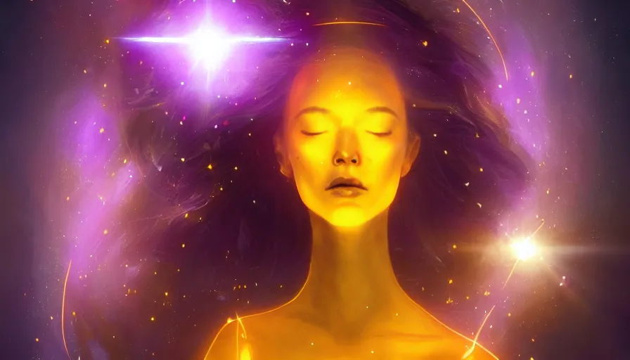 Image similar to a golden woman, eyes closed, glowing lavender aura, head expanding into pieces, laser beaming from the sky into the top of her head, half body, in space, concept art, artstation