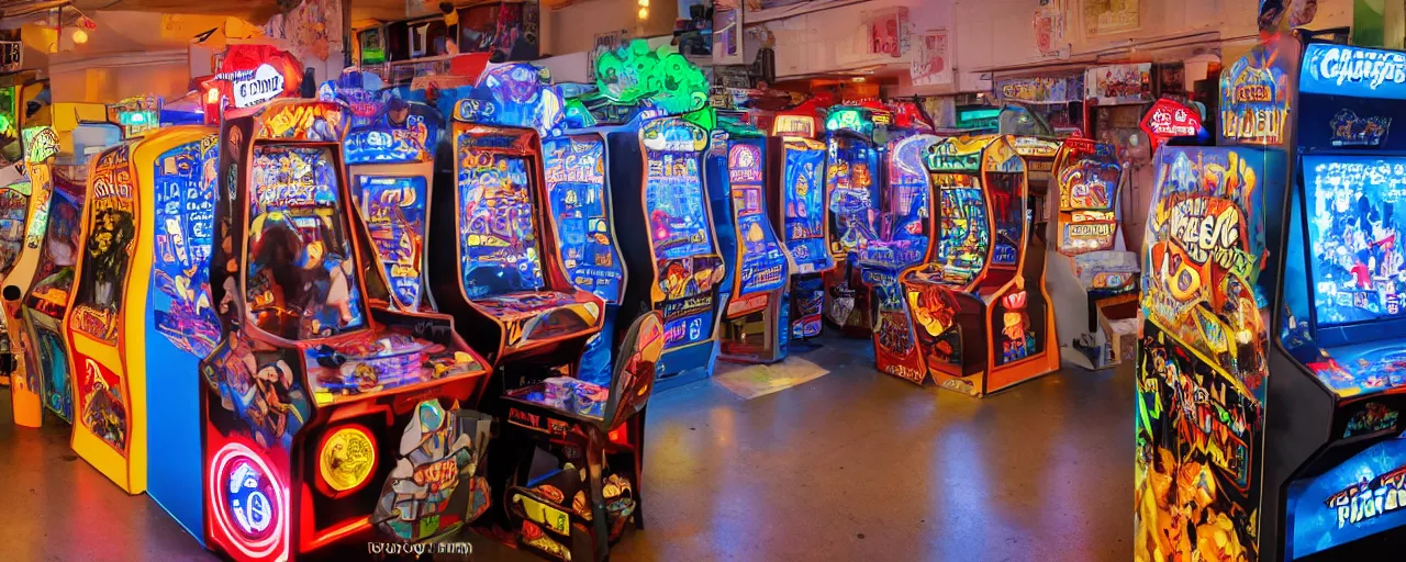 Image similar to A busy arcade, by Kung Fury, by Ready Player One, by Back To The Future, XF IQ4, 150MP, 50mm, F1.4, ISO 200, 1/160s, natural light