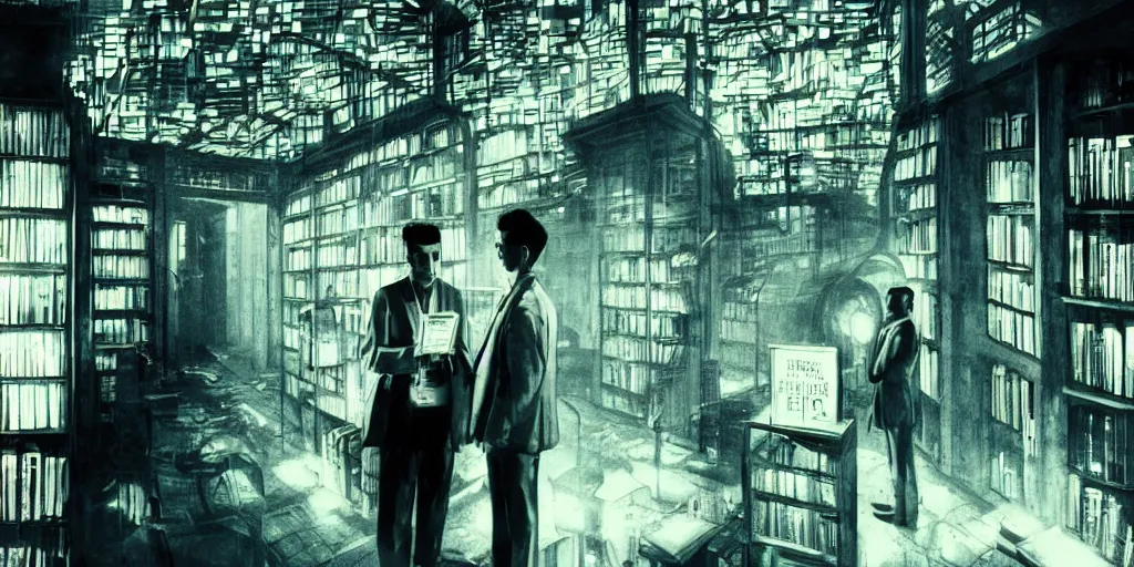 Prompt: cinematic shot of the portrait of an jorge luis borges and an old franz kafka as owners of a bookstore full of books, dystopian future, neon lights, sci - fi, night lights, haze, concept art, intricate, in the style of katsuhiro otomo, akira, unreal engine