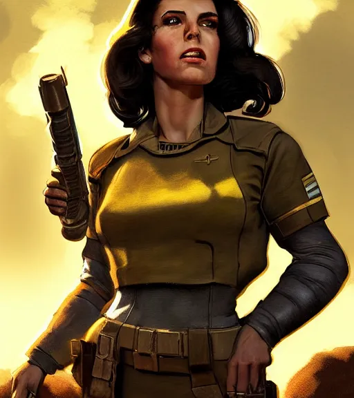 Prompt: fallout 5, concept art brunette female enclave officer portrait, concept art, outdoors mesa setting, spring time, slight overcast, atmospheric lighting, painted, intricate, volumetric lighting, beautiful, sharp focus, golden hour, ultra detailed by jack kirby, ignacio fernandez rios, thierry doizon
