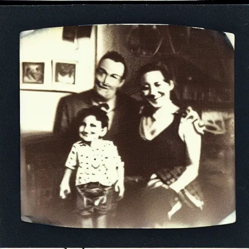 Prompt: An old polaroid portraying an happy family with freddy fazbear on the background