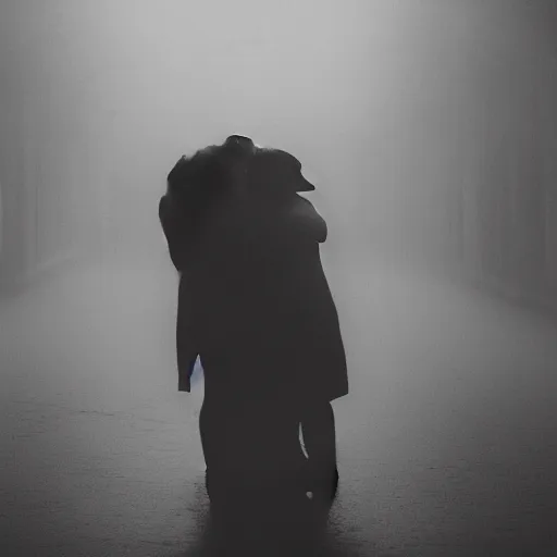 Image similar to an emotional dark picture of two shadowy figures hugging each other, it is raining heavily, 35mm, motion blur