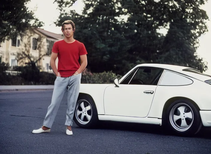 Prompt: color photo of a cool handsome photomodel with arms crossed leaning against a white porsche 9 1 1 in the 8 0's. girl beside him