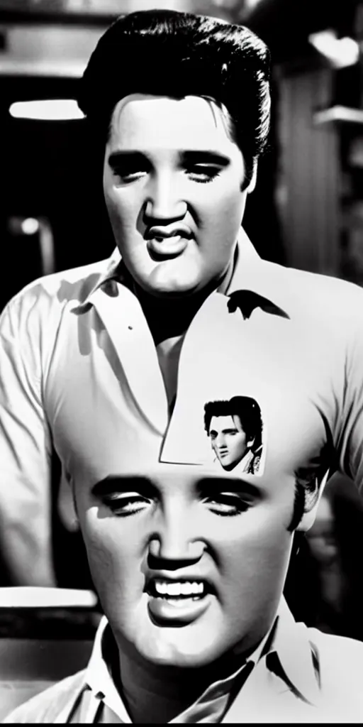 Image similar to photo portrait elvis in an english chip shop, screenshot from bollywood muscial