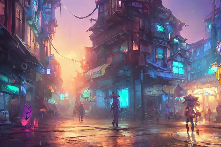 Prompt: photo cartoon illustration comic manga painting of wet street environement : 6 fantasy environement, digital painting, volumetric lighting by feng zhu, 3 d alejandro alvarez alena aenami artworks in 4 k beeple, by thomas kinkade hearstone league of legends dofus overwatch