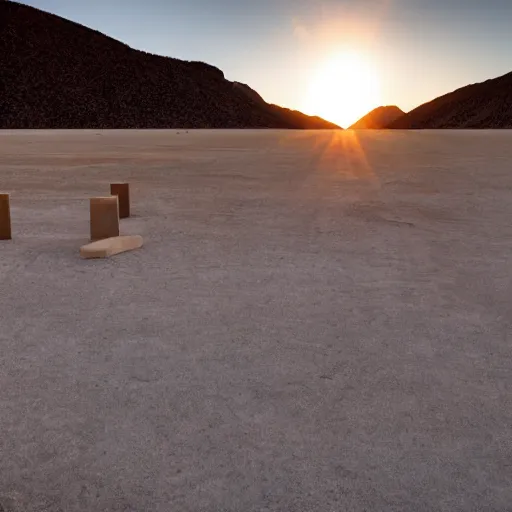 Prompt: land art sculptures built in the Mojave desert, beautiful dynamic lighting, cinematic, wide angle establishing shot, extremely high detail, photo realistic, cinematic lighting, post processed, concept art, artstation, matte painting, style by michael heizer, Donald Judd, volumetric lighting, light rays, photorealistic, ultrarealistic, moody, coronarender, 8k