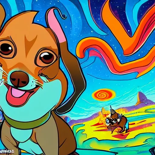 Prompt: a chihuahua with a third eye living in an extradimensional reality, in the style of goof troop, illustration, epic, fantasy, hyper detailed, smooth