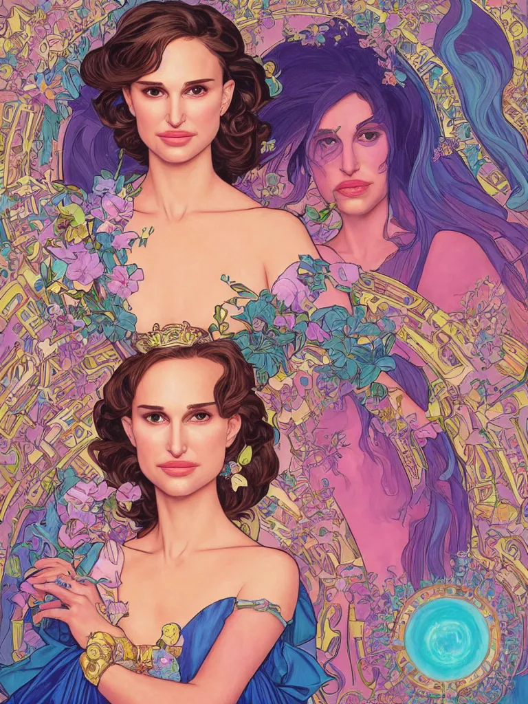 Image similar to beautiful realistic portrait of Natalie Portman as a sci fi 90s princess by Lisa Frank, Seth McMahon and Alphonse Mucha