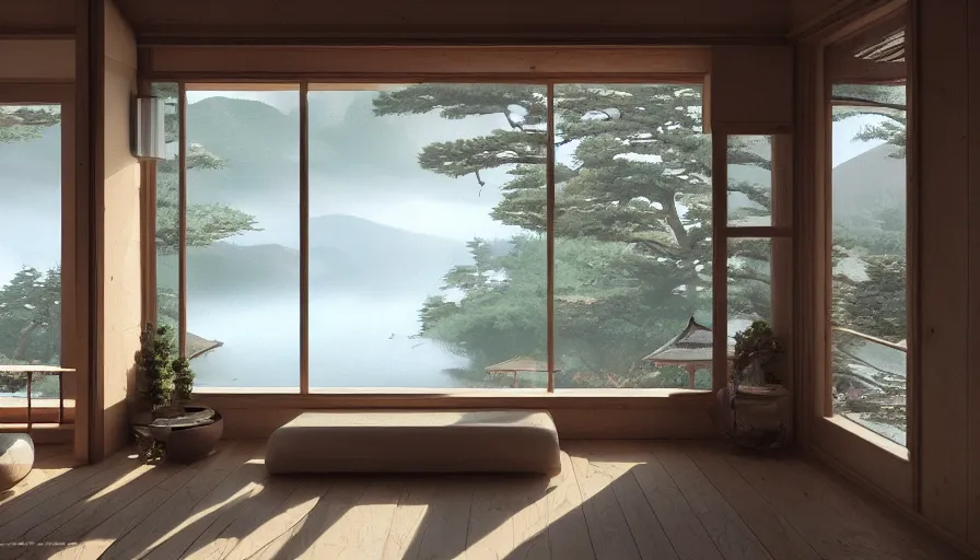 Prompt: interior of a japanese house built on the mountains, view, view on the lake, sunrise through the windows, forest, hyperdetailed, artstation, cgsociety, 8 k