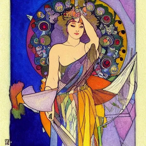 Prompt: The Goddess of Art, paint, ink, palettes, spectrum, in the style of Octavia Ocampo, Mucha, Kandinsky