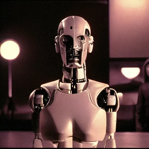 Image similar to movie scene of a man with a robot head, movie still, cinematic composition, cinematic light, criterion collection, reimagined by industrial light and magic, Movie by David Lynch and andrzej zulawski