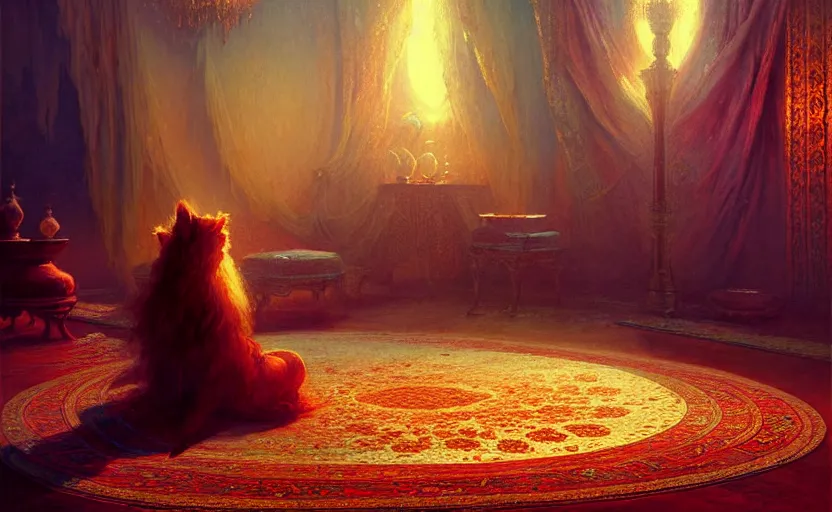 Image similar to magic fluffy Persian carpet dimension, by Greg Rutkowski and Gaston Bussiere, dim lighting, beautiful volumetric-lighting-style atmosphere, surreal atmosphere, intricate, detailed, photorealistic imagery, artstation