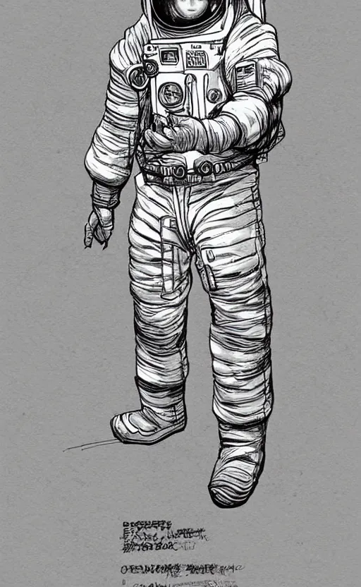 Prompt: concept art, digital art, manga drawing, full body astronaut sketch, illustration in the style of darren bartley, katsuya terada