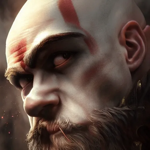 Image similar to portrait of kratos, intricate artwork, concept art, octane render, deviantart, cinematic, key art, hyperrealism, iridescent accents, portrait photograph, nikon 3 5 mm, photograph by greg rutkowski