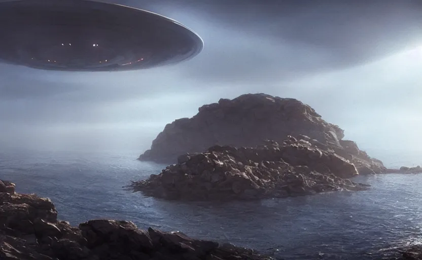 Image similar to giant glowing ufo, directed by charlie kaufman ( 2 0 0 1 ) anamorphic lenses, a rocky shore in the foreground, foggy volumetric light morning, a beam of light from the heavens, cinematic trending on artstation in the style of greg rutkowski