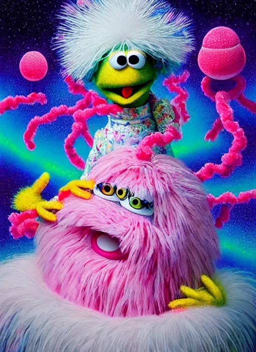 Image similar to hyper detailed 3d render like a Oil painting - kawaii portrait Aurora (the muppet big bird) seen Eating of the Strangling network of yellowcake aerochrome and milky Fruit and His delicate Hands hold of gossamer polyp blossoms bring iridescent fungal flowers whose spores black the foolish stars by Jacek Yerka, Ilya Kuvshinov, Mariusz Lewandowski, Houdini algorithmic generative render, Abstract brush strokes, Masterpiece, Edward Hopper and James Gilleard, Zdzislaw Beksinski, Mark Ryden, Wolfgang Lettl, hints of Yayoi Kasuma, octane render, 8k