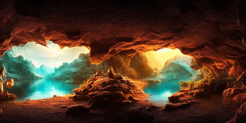 Prompt: lake in underground cave landscape. cave. cavern. fantasy magic style. highly detailed 8 k. intricate. lifelike. epic. movie poster. soft light. volumetric light. sony a 7 r iv 5 5 mm. cinematic post - processing