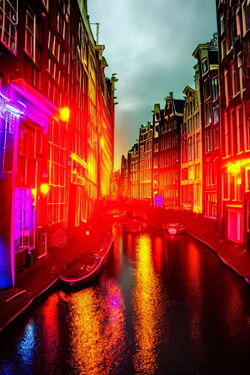 Prompt: neon streets of amsterdam, 4 k, award winning photo, cyberpunk style