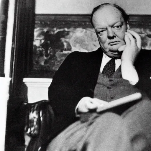 Image similar to A black and white photograph, circa 1940s, of Winston Churchill looking down at his smartphone