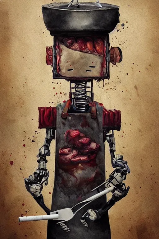 Prompt: a portrait of a robot boy butcher, with cigarette, bloody apron, surrealism, dramatic lighting, textured paper, character study, watercolor painting by android jones