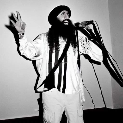 Prompt: osama bin ladin 4 k photo rapping at an underground hyperpop show.