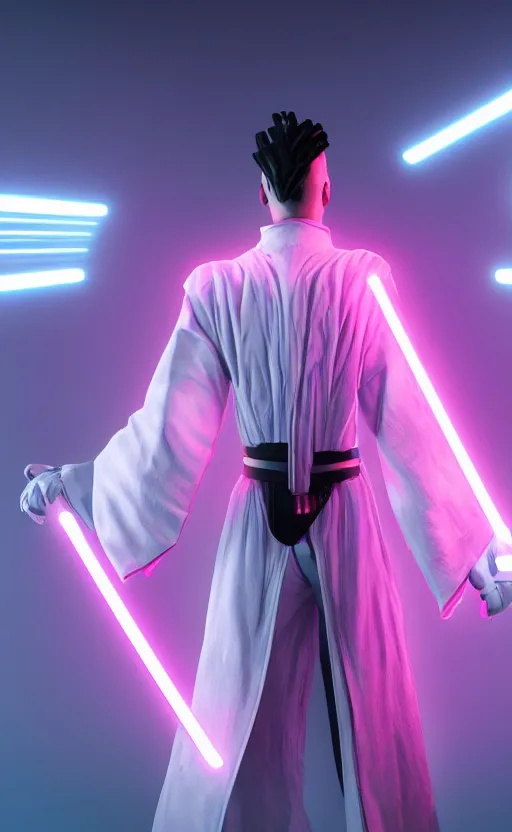 Image similar to white darth vader dancing synth wave retro wave vapor wave white and pink lighting and clothes and tech cyberpunk style ultra realistic high quality highly detailed 8 k