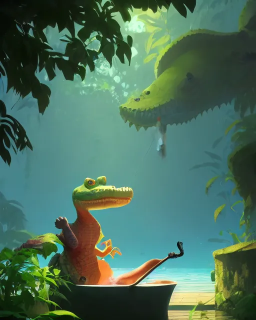 Image similar to a crocodile smoking a pipe while taking a bath in a well with lush vegetation around, cory loftis, james gilleard, atey ghailan, makoto shinkai, goro fujita, character art, rim light, exquisite lighting, clear focus, very coherent, plain background, soft painting