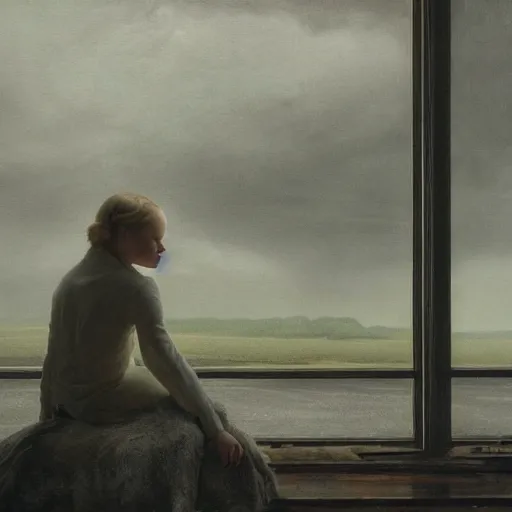 Image similar to silhouette of Elle Fanning in the world of Andrew Wyeth, stormy weather, extremely detailed masterpiece, oil on canvas, low-key neon lighting, artstation, Blade Runner 2049, Roger Deakin’s cinematography, by J. C. Leyendecker and Peter Paul Rubens,