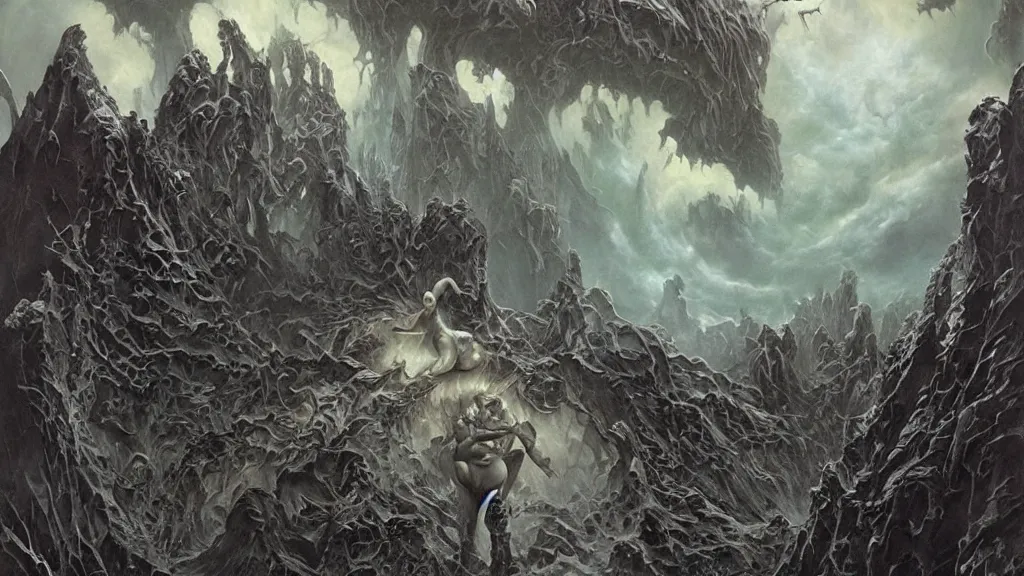 Image similar to eerie atmospheric otherworldly planet by gerald brom and glenn barr, epic cinematic matte painting