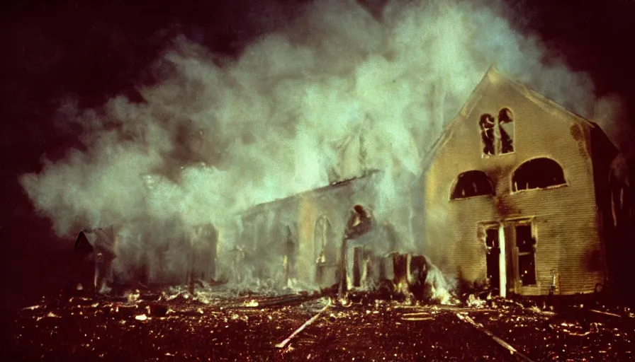 Prompt: 7 0 s film still from a horror movie about burning churches, kodachrome, cinecolor, cinestill, film grain, film texture, retro, cinematic, high resolution, photorealism,